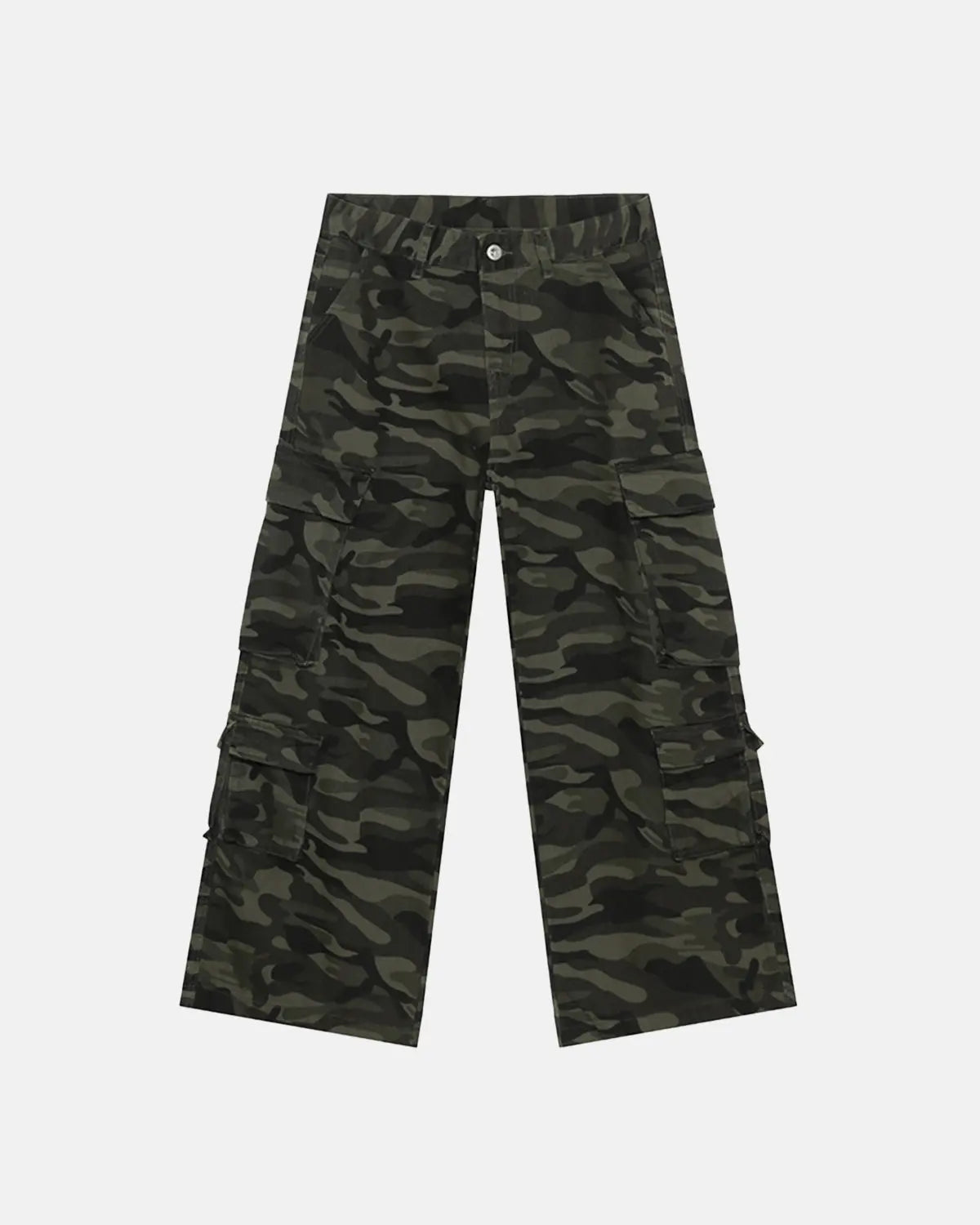 Vintage camouflage cargo pants from INFLATION featuring multiple pockets and a relaxed streetwear style.