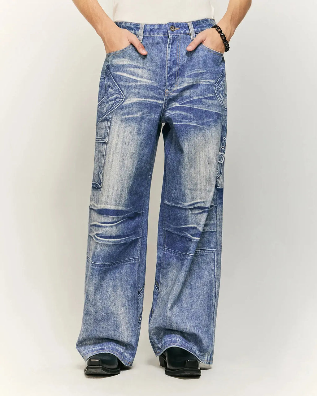 Digital printing denim jeans by INFLATION featuring unique streetwear style, slim fit, and detailed graphic design.