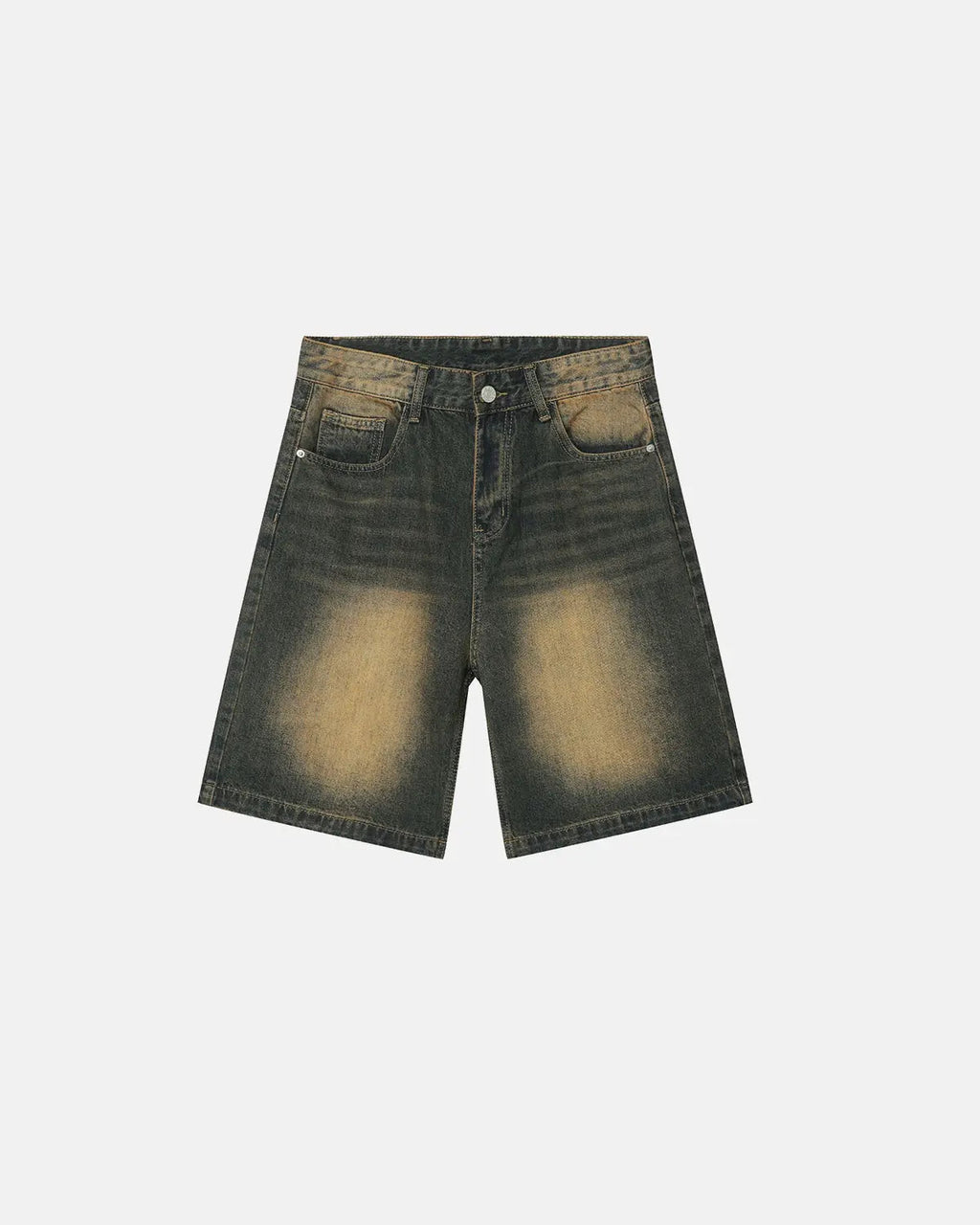 Washed knee-length denim jorts by INFLATION, casual pants with distressed details and raw hem, perfect for streetwear style.