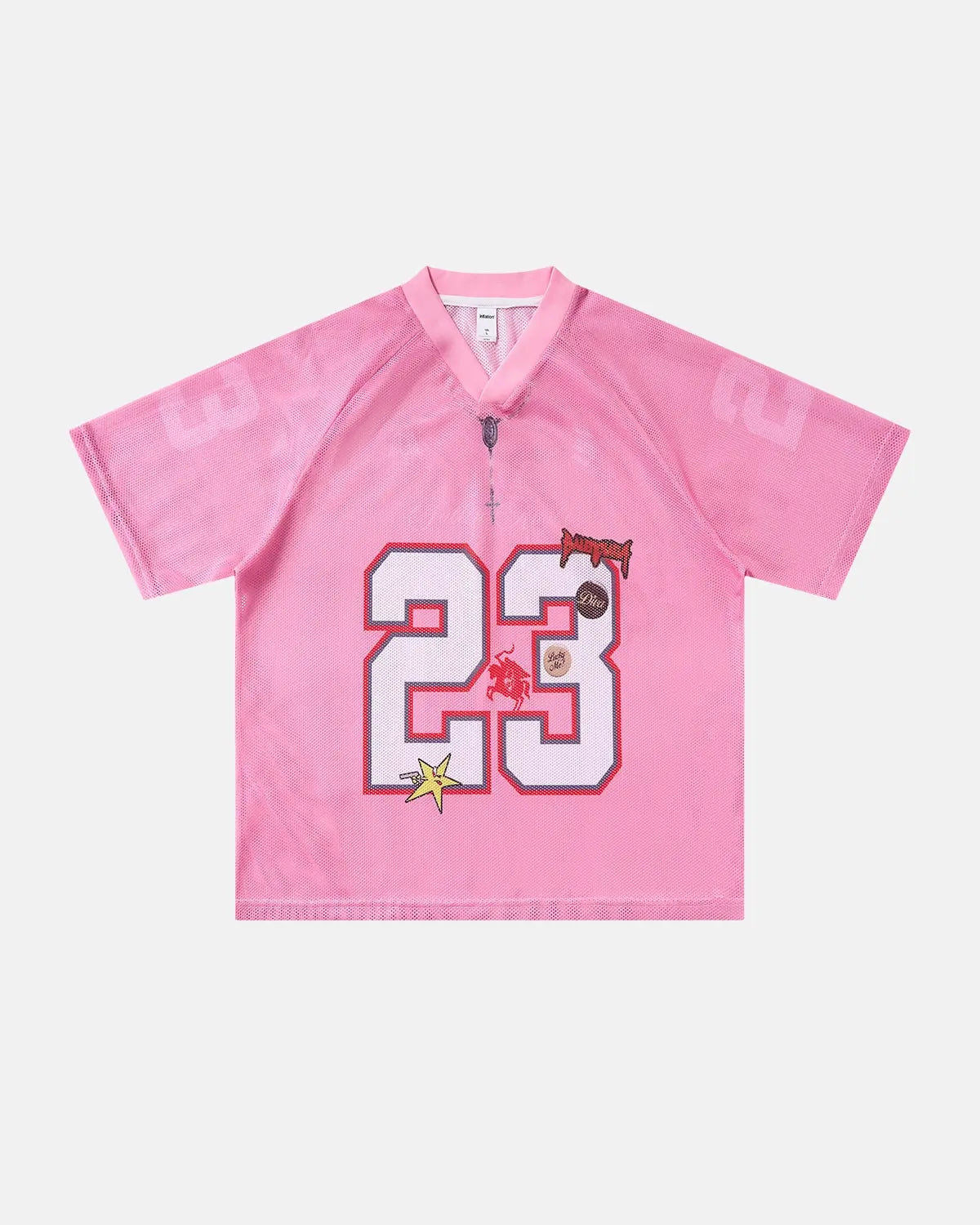 Pink mesh jersey t-shirt from INFLATION's Number 23 streetwear collection, featuring lightweight, breathable fabric and casual style.