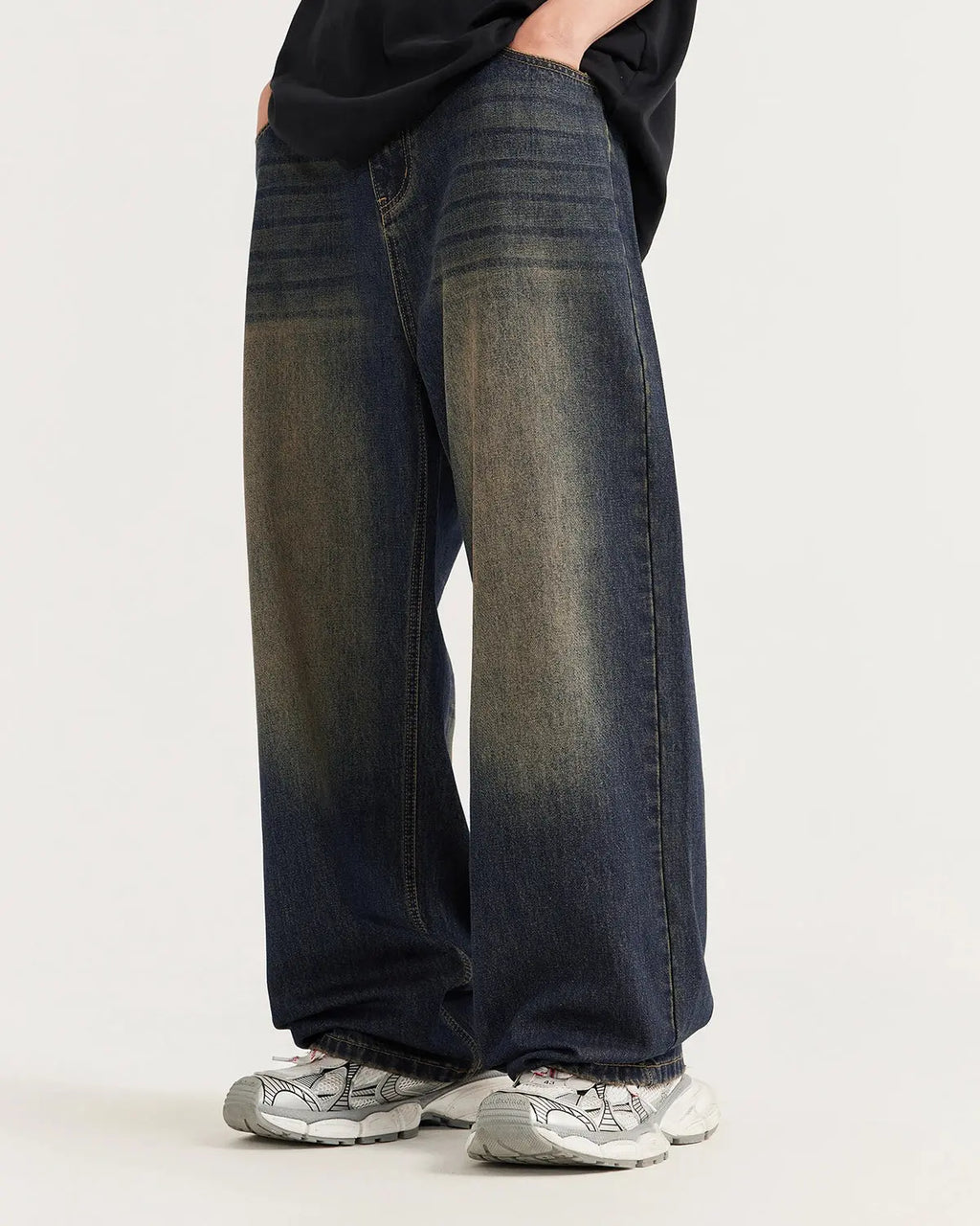 Inflation Monkey Wash Wide Leg Jeans displayed on a hanger with a relaxed fit and distressed denim details.