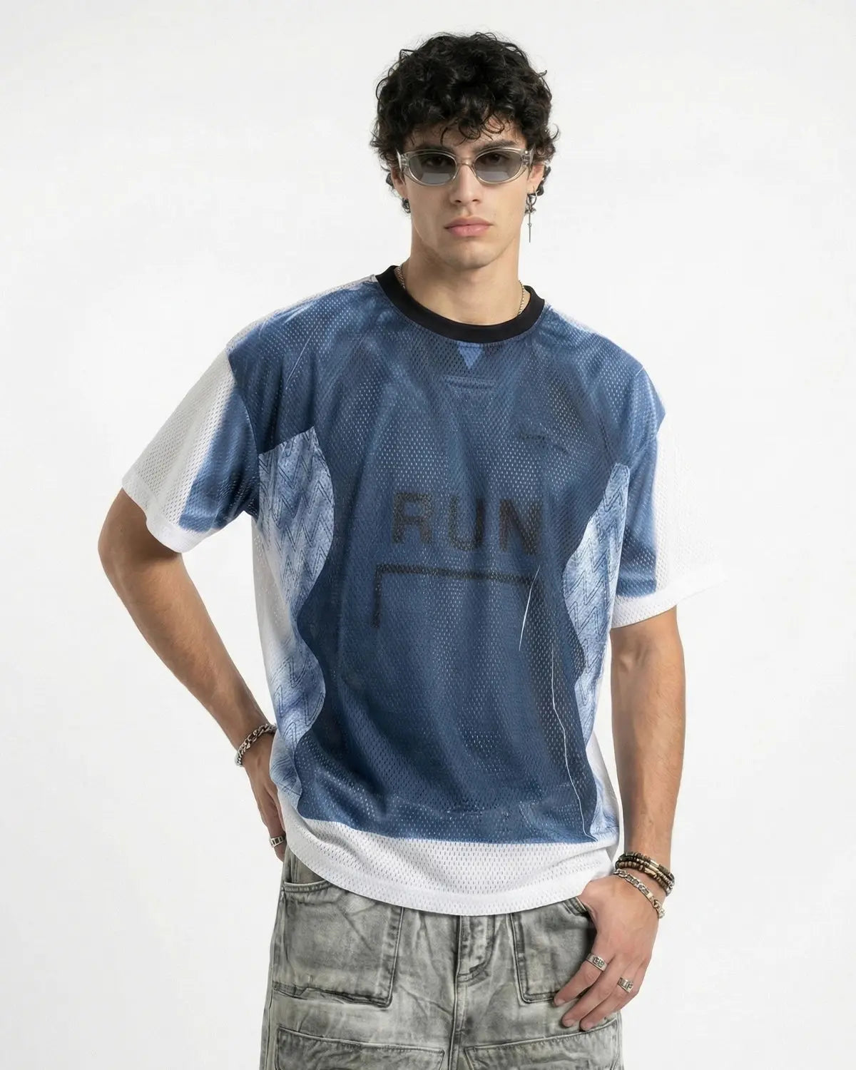 Inflation Digital Printing Mesh Jersey T-shirt featuring vibrant streetwear design and breathable mesh fabric.