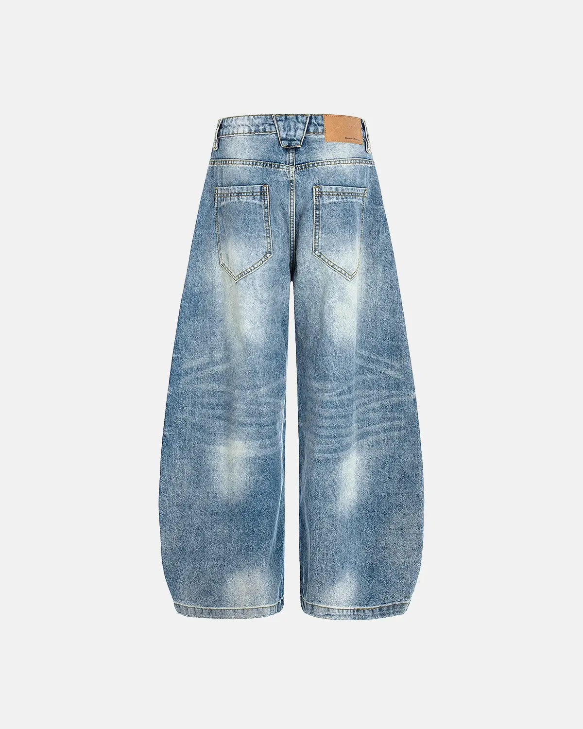 Acid washed whisker clasp barrel jeans by INFLATION Streetwear, showing distressed denim with relaxed fit and unique wash details.