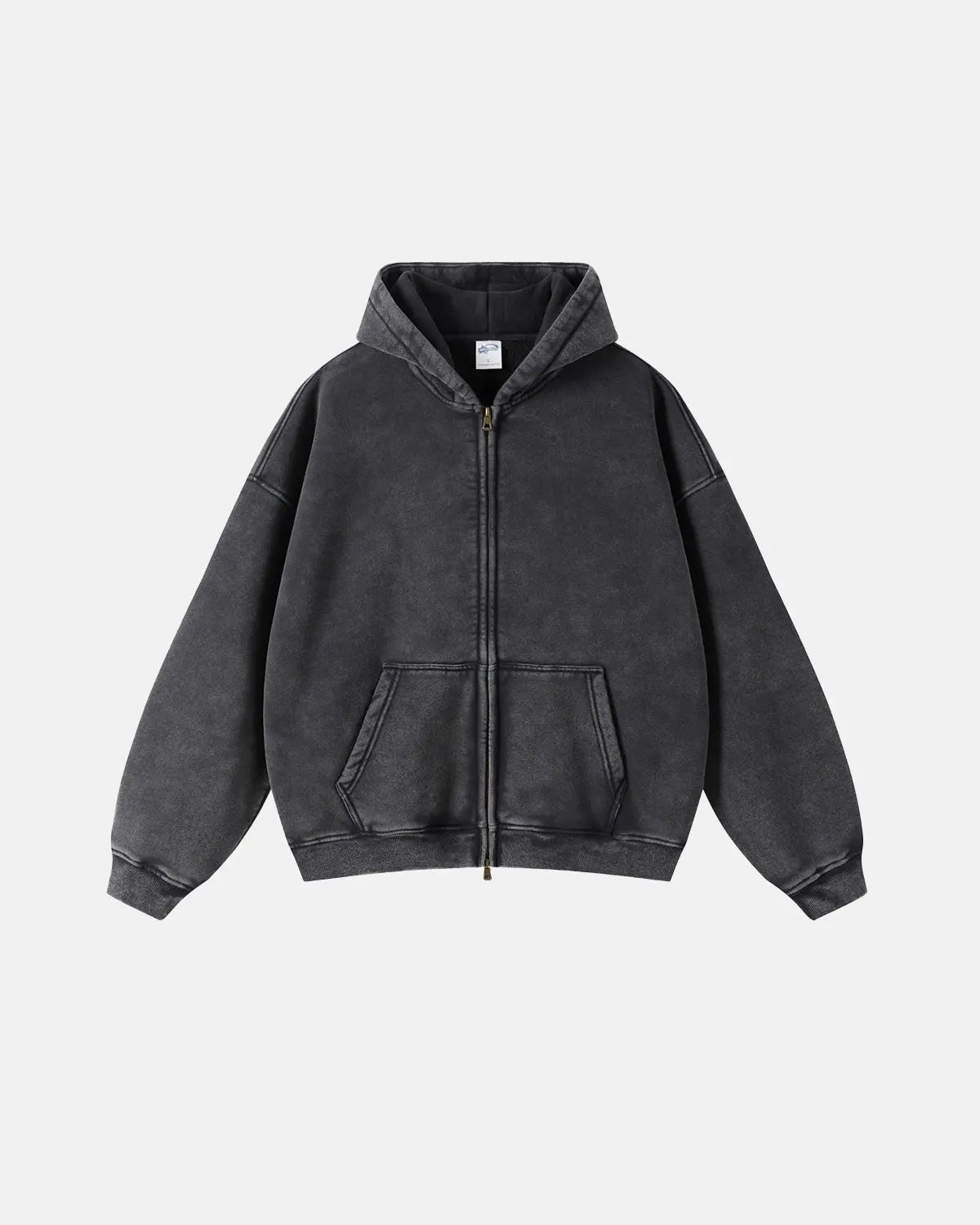 Acid washed distressed fleece zip-up hoodie by INFLATION, featuring a casual streetwear style and relaxed fit.