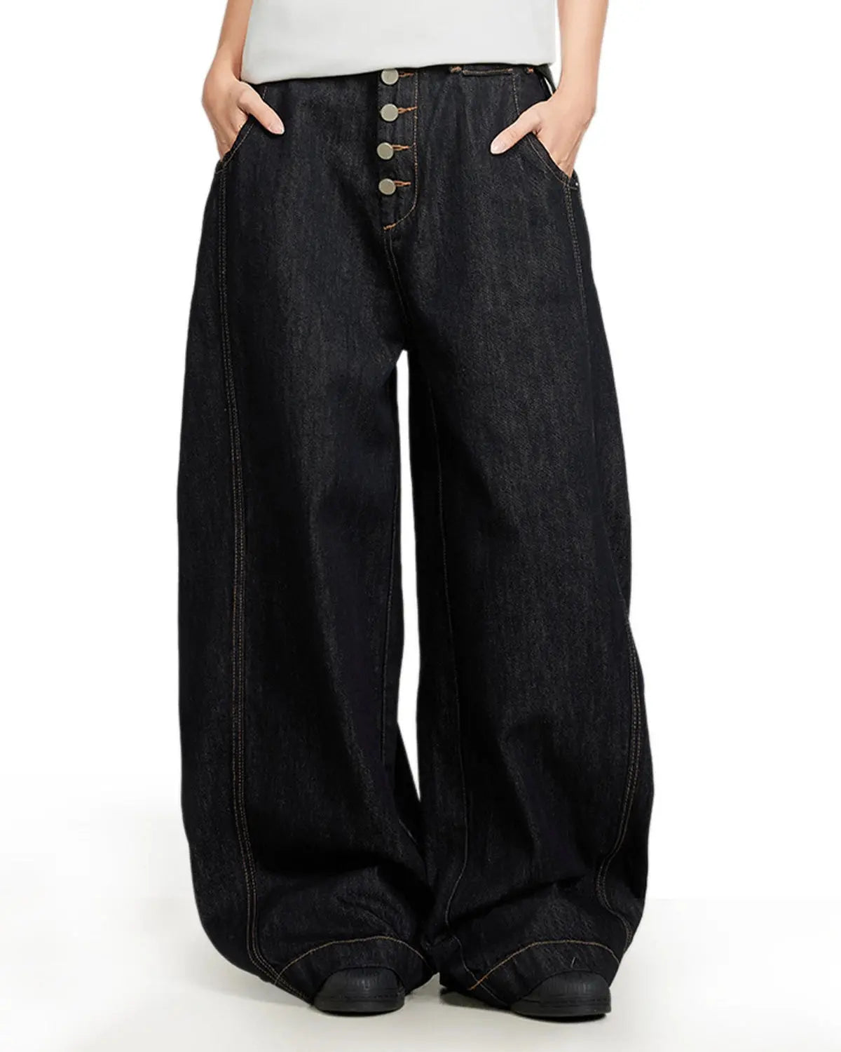 Black buttons-up barrel baggy jeans by INFLATION Streetwear featuring loose fit and stylish design, shown in the product image.