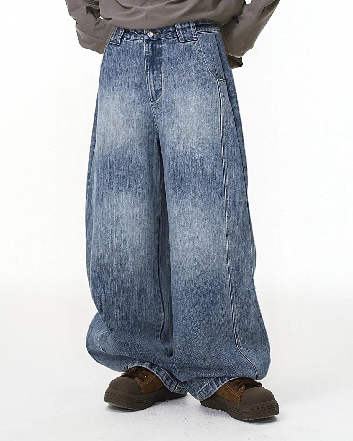 Bamboo weave barrel jeans by INFLATION Streetwear, featuring a relaxed fit with distinctive bamboo pattern and stylish denim texture.