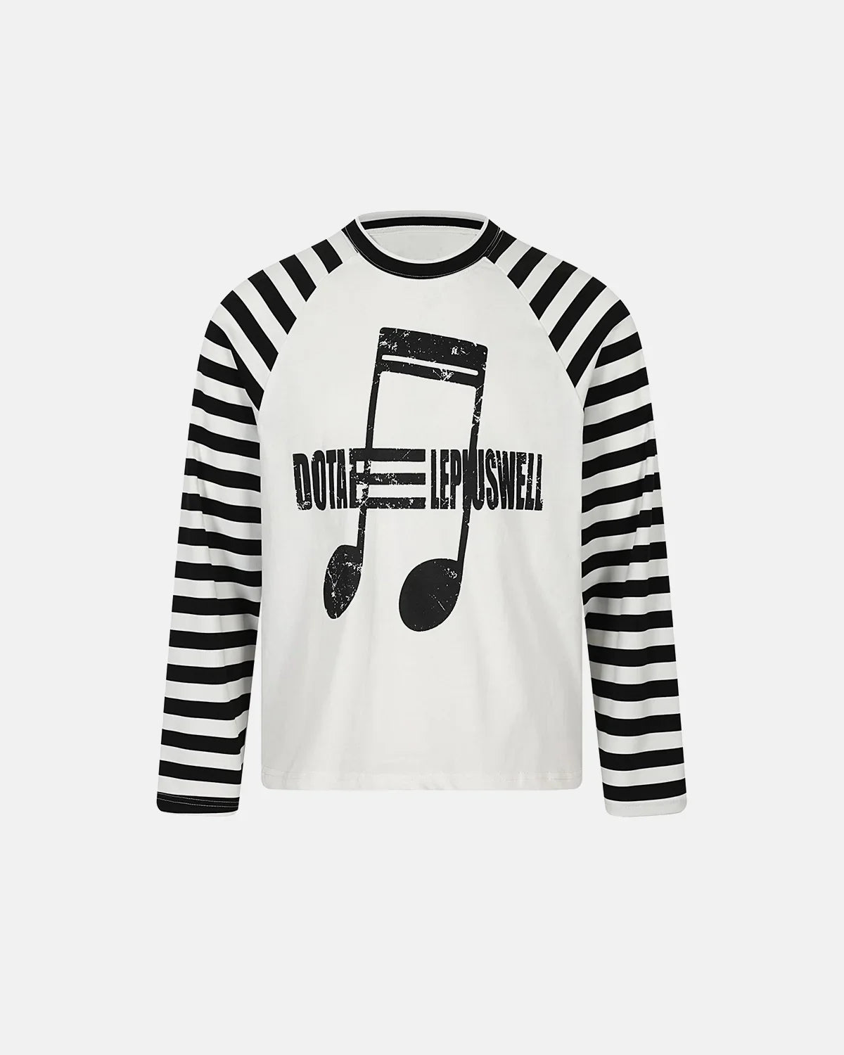 Inflation Streetwear Music Graphic striped long sleeve T-shirt featuring bold musical note design on black and white stripes.