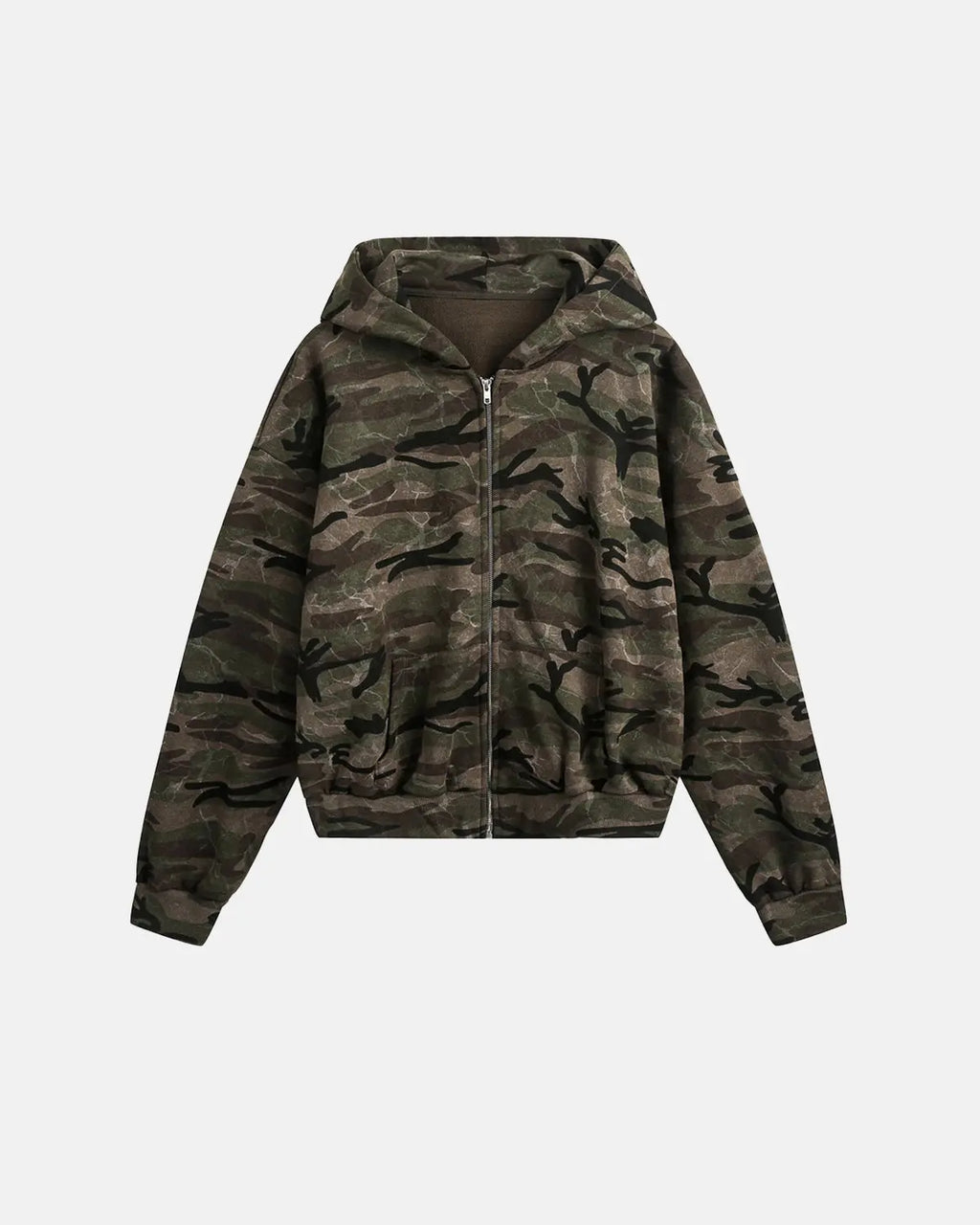 Camouflage zip-up jacket by INFLATION featuring a military-inspired pattern and a front zipper, streetwear style.