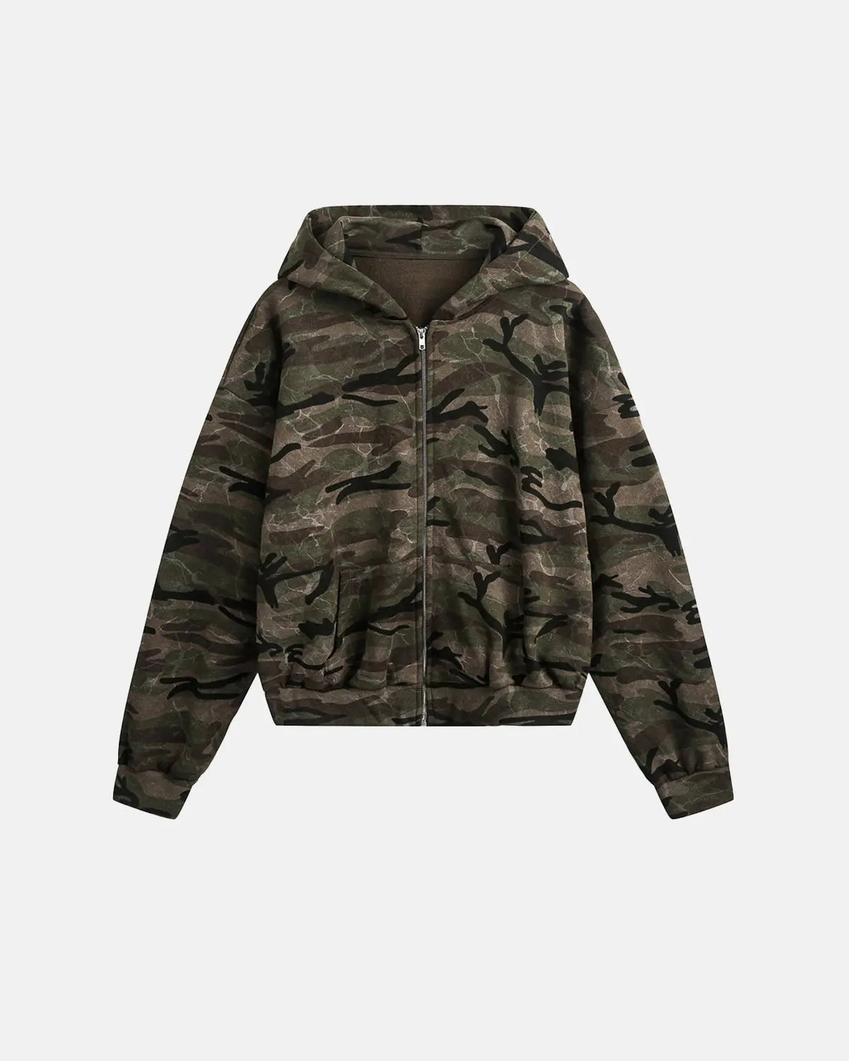 Camouflage zip-up jacket by INFLATION featuring a military-inspired pattern and a front zipper, streetwear style.