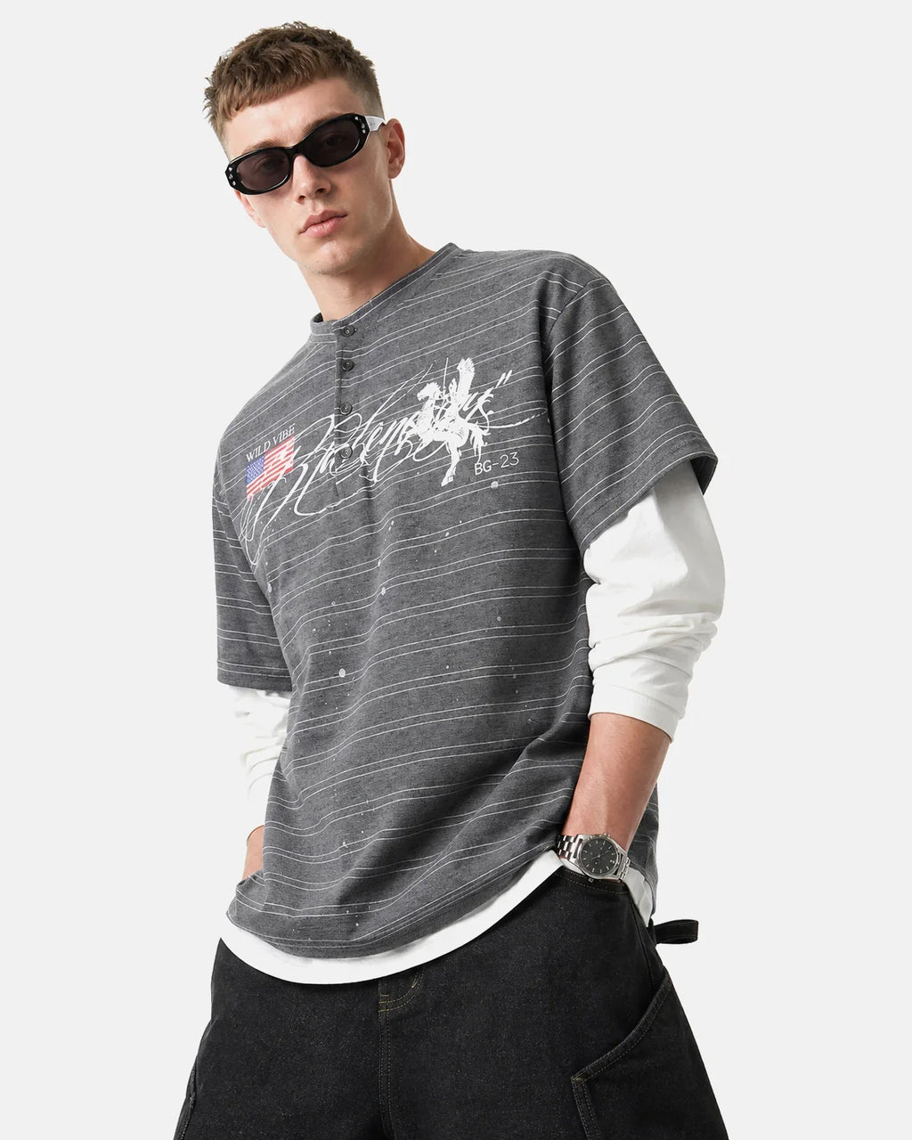 Inflation Streetwear layered Henley stripe T-shirt in blue and white, featuring a partial button-front and casual fit.