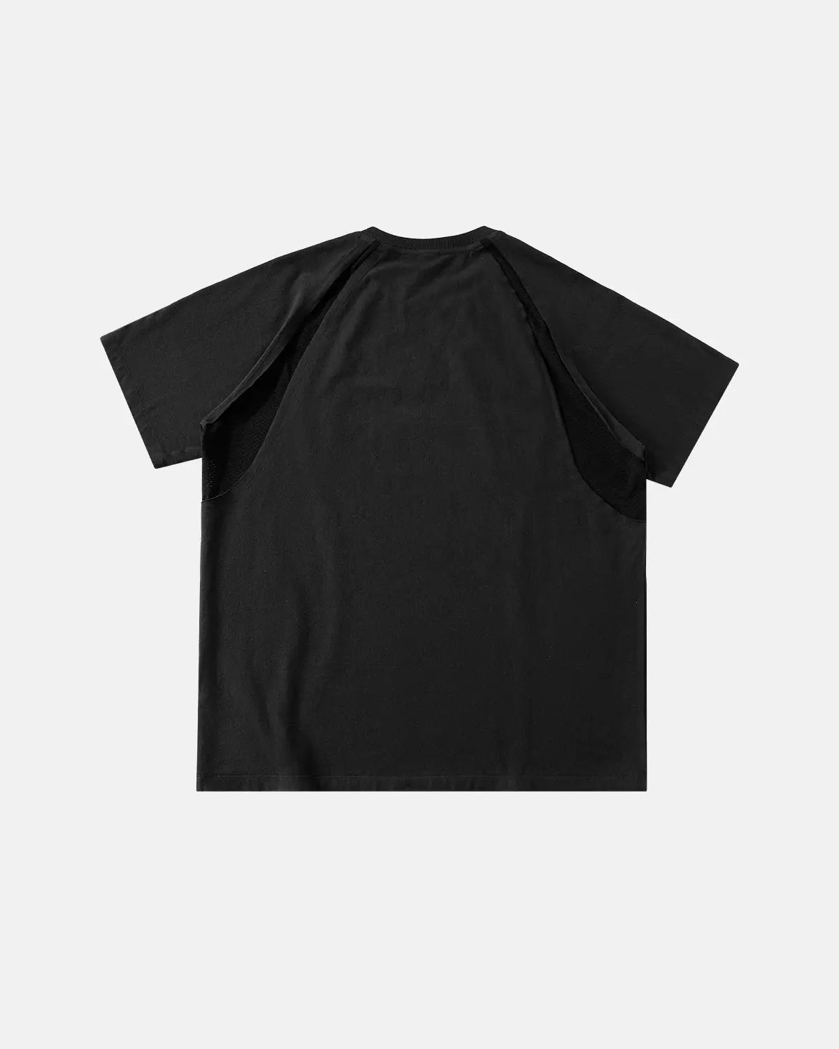 Inflation Streetwear mesh patchwork embroidered T-shirt with colorful stitching and detailed embroidery on a casual fit shirt.