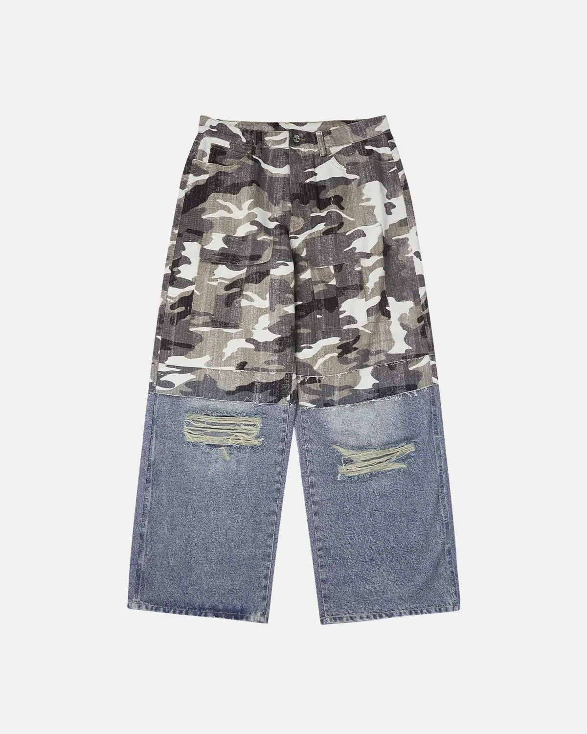 Inflation streetwear patchwork effect print baggy jeans with colorful patch designs and relaxed fit, casual streetwear style.