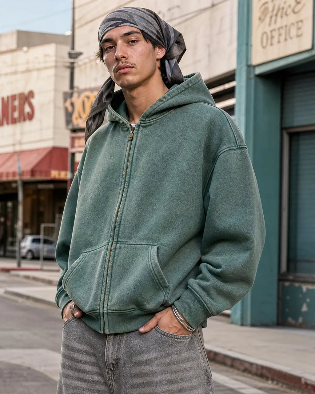 Inflation washed distressed fleece zip-up hoodie with a casual fit and distressed details, perfect for cozy, laid-back style.