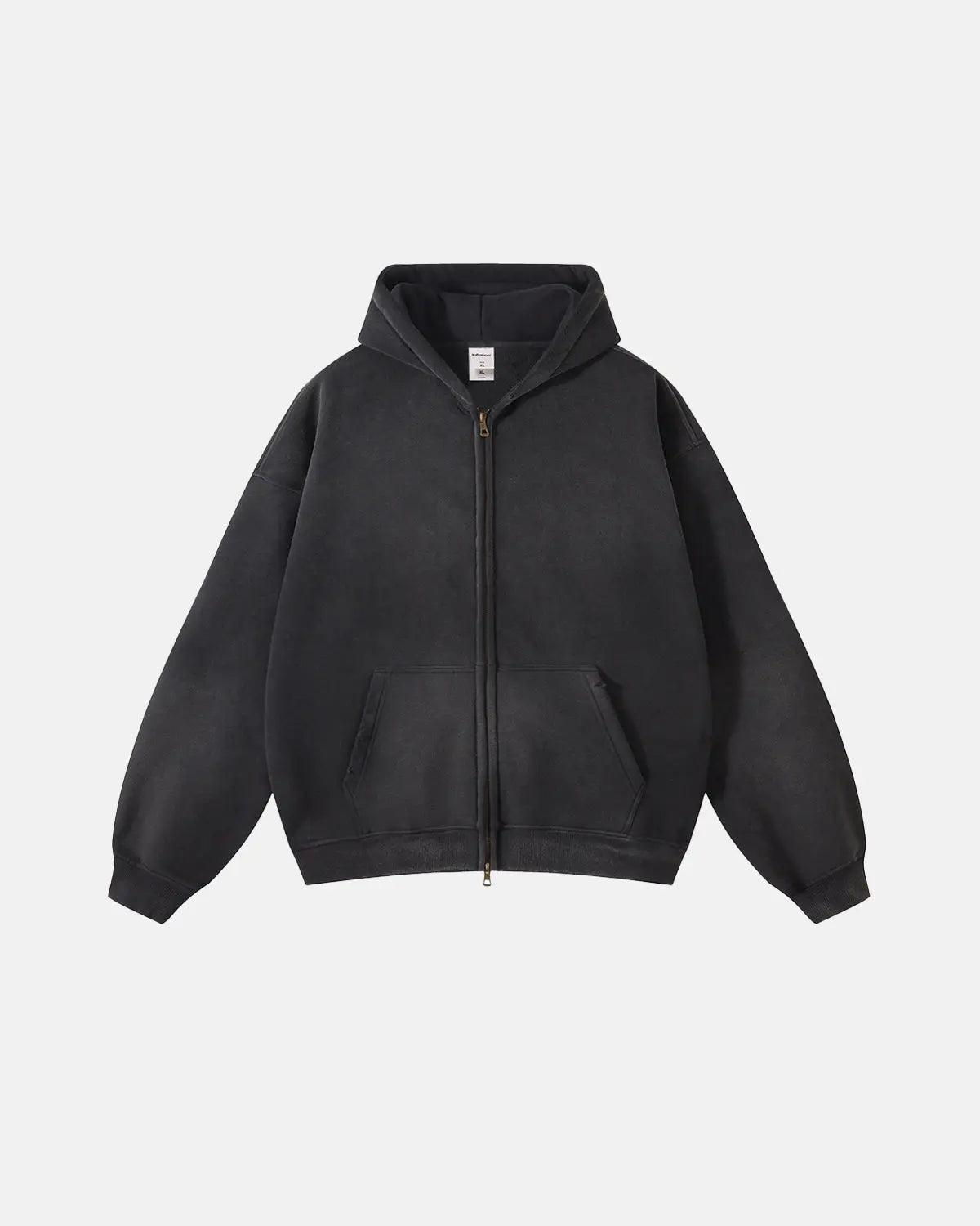 Acid washed zip-up hoodie by INFLATION Streetwear, featuring a distressed, vintage-style fabric with a front zipper and hood.