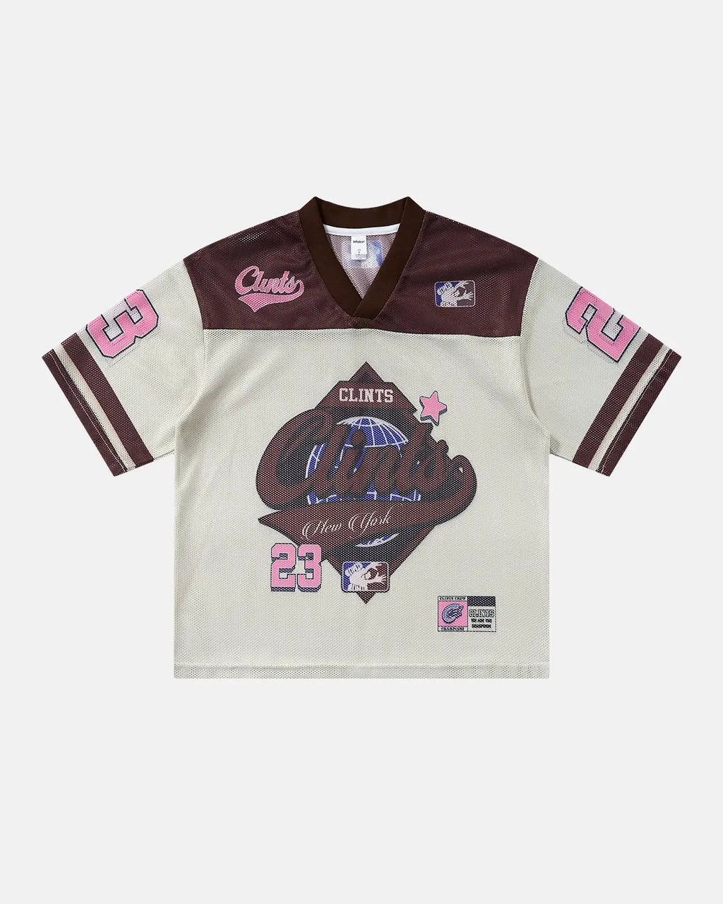 Retro graphic mesh jersey t-shirt by INFLATION featuring bold streetwear design and vibrant mesh fabric.