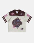 Retro graphic mesh jersey t-shirt by INFLATION featuring bold streetwear design and vibrant mesh fabric.