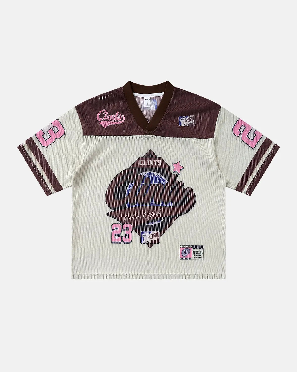 Retro graphic mesh jersey t-shirt by INFLATION featuring bold streetwear design and vibrant mesh fabric.