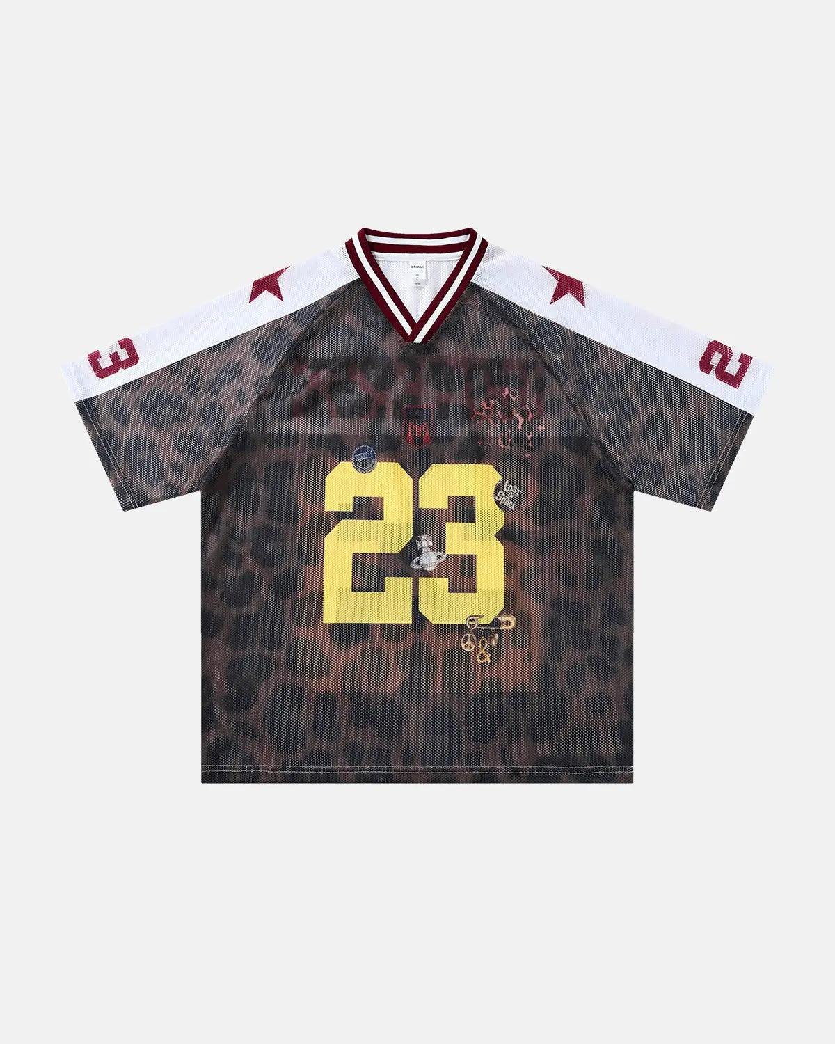 Number 23 Leopard Mesh Jersey by INFLATION, featuring a bold leopard print mesh fabric with streetwear style.