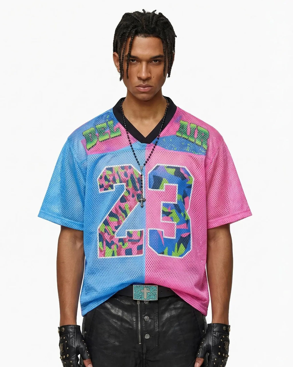 Inflation Camo Graphic Mesh Jersey Tee featuring camouflage pattern and bold graphic design, casual streetwear style.