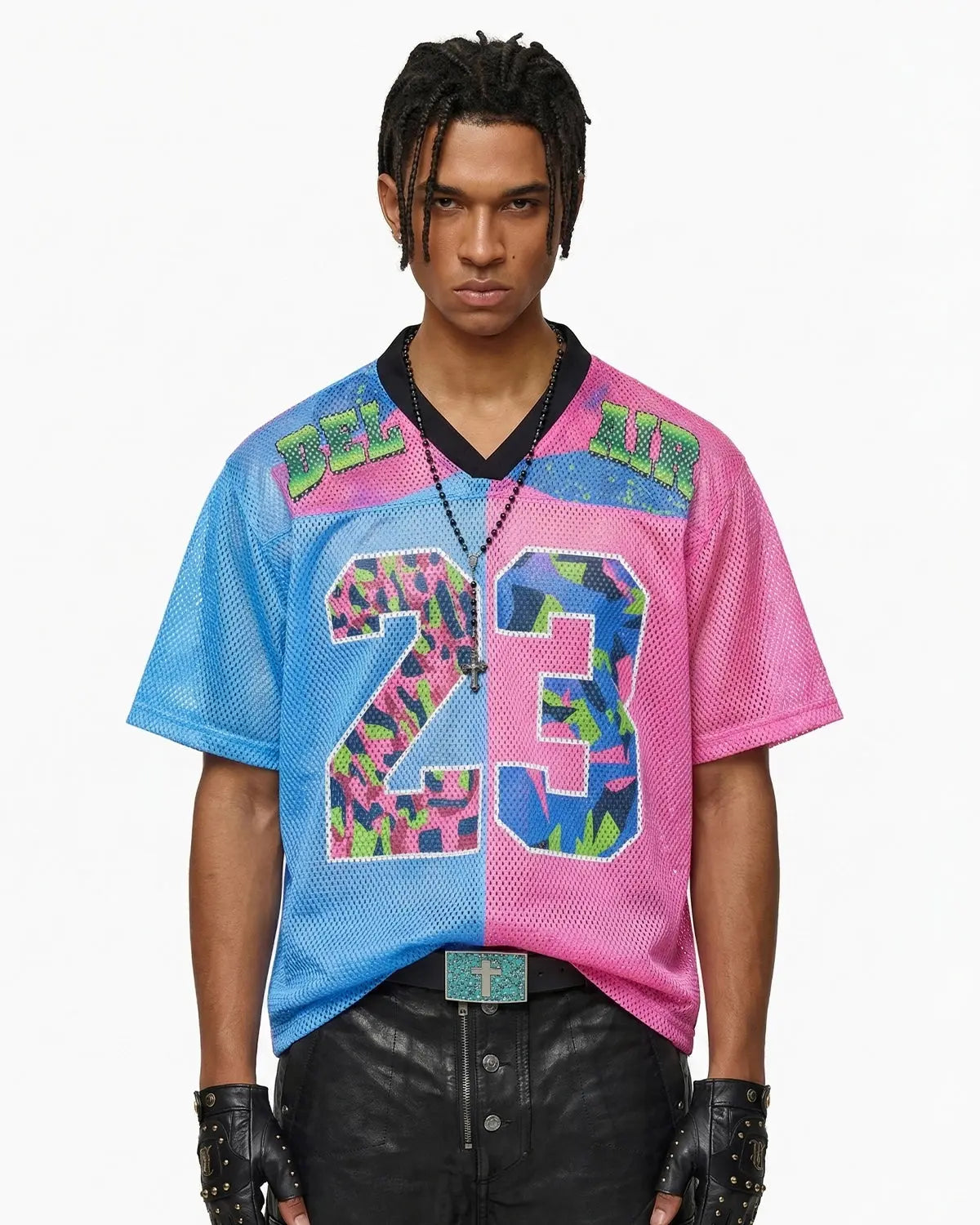Inflation Camo Graphic Mesh Jersey Tee featuring camouflage pattern and bold graphic design, casual streetwear style.