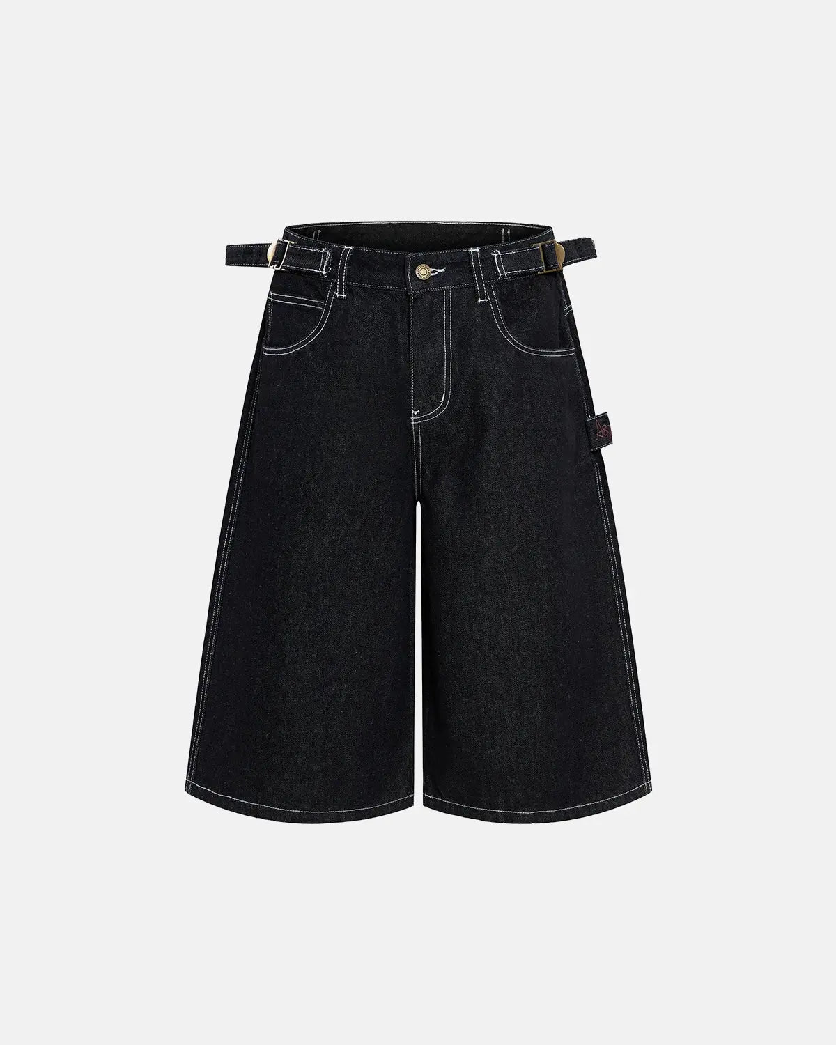 Raw denim baggy jorts by INFLATION featuring adjustable tabs and a relaxed fit, displayed on a mannequin.