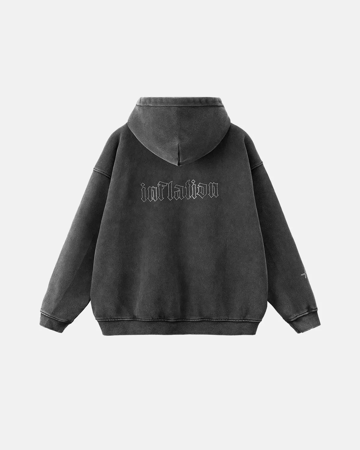Graphic rhinestone acid wash hoodie by INFLATION featuring bold streetwear style and sparkling rhinestone accents.