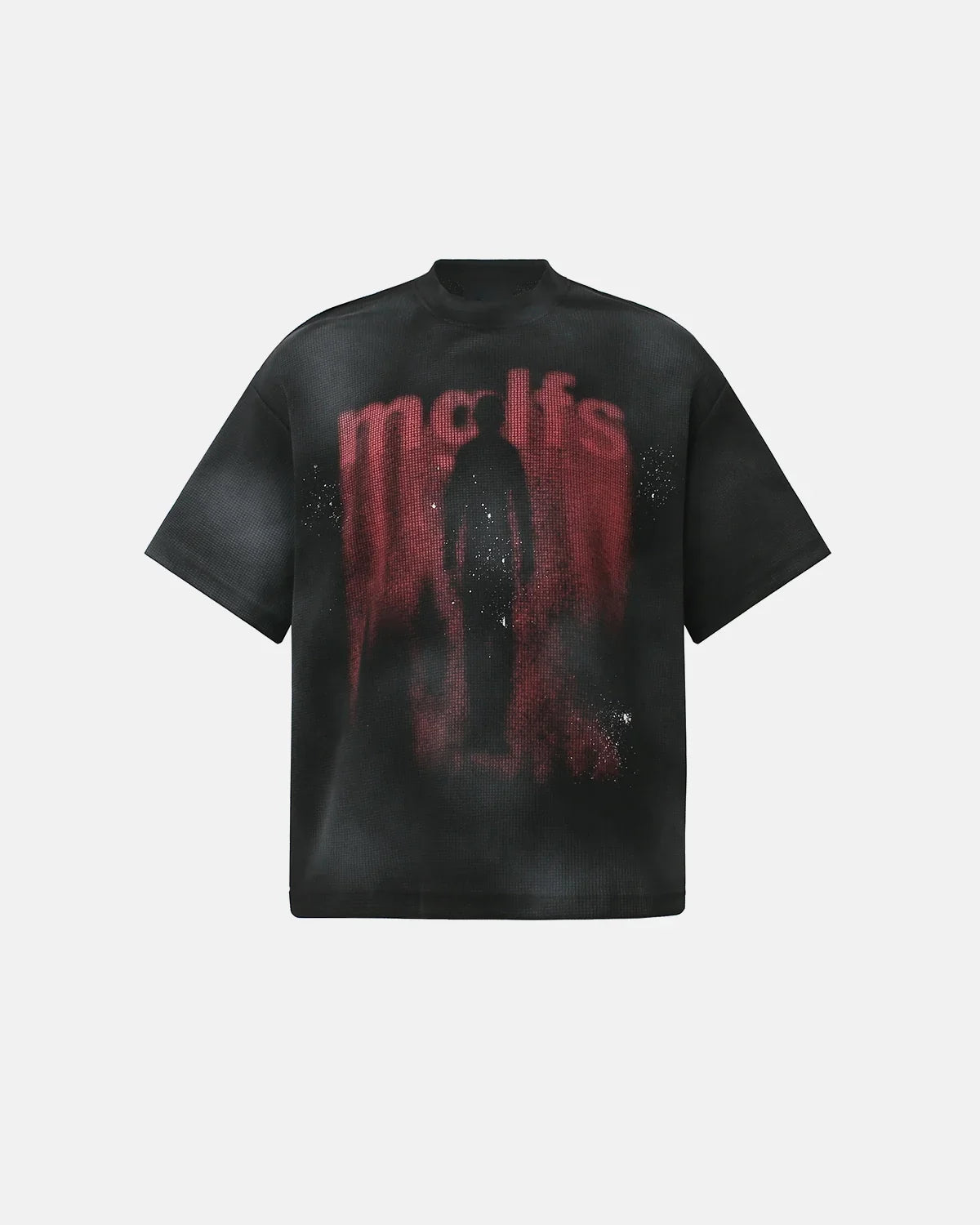 Black cotton T-shirt with gothic letter print from INFLATION streetwear, featuring bold gothic design on front.