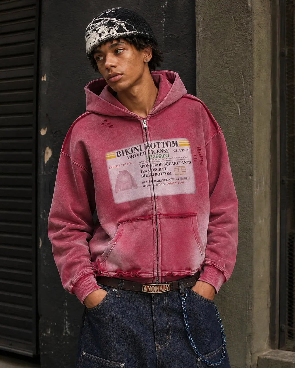Inflation Streetwear graphic ripped washed zip-up hoodie with distressed details and casual fit, styled on a mannequin.