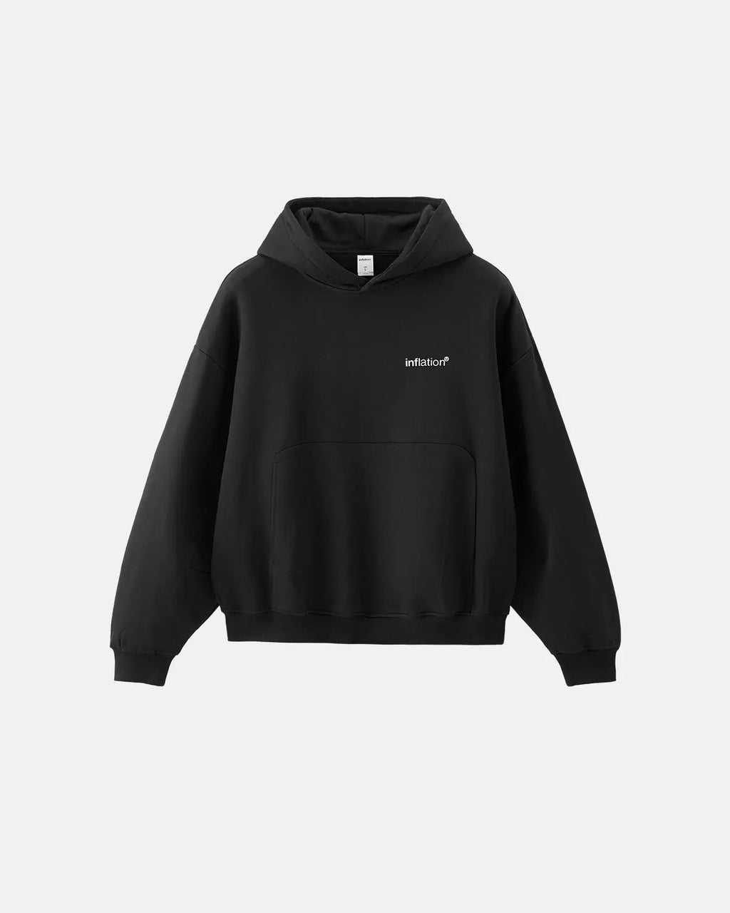 Inflation Streetwear Logo Comfy Boxy Fit Hoodie in neutral color with bold brand logo on front, casual streetwear style.