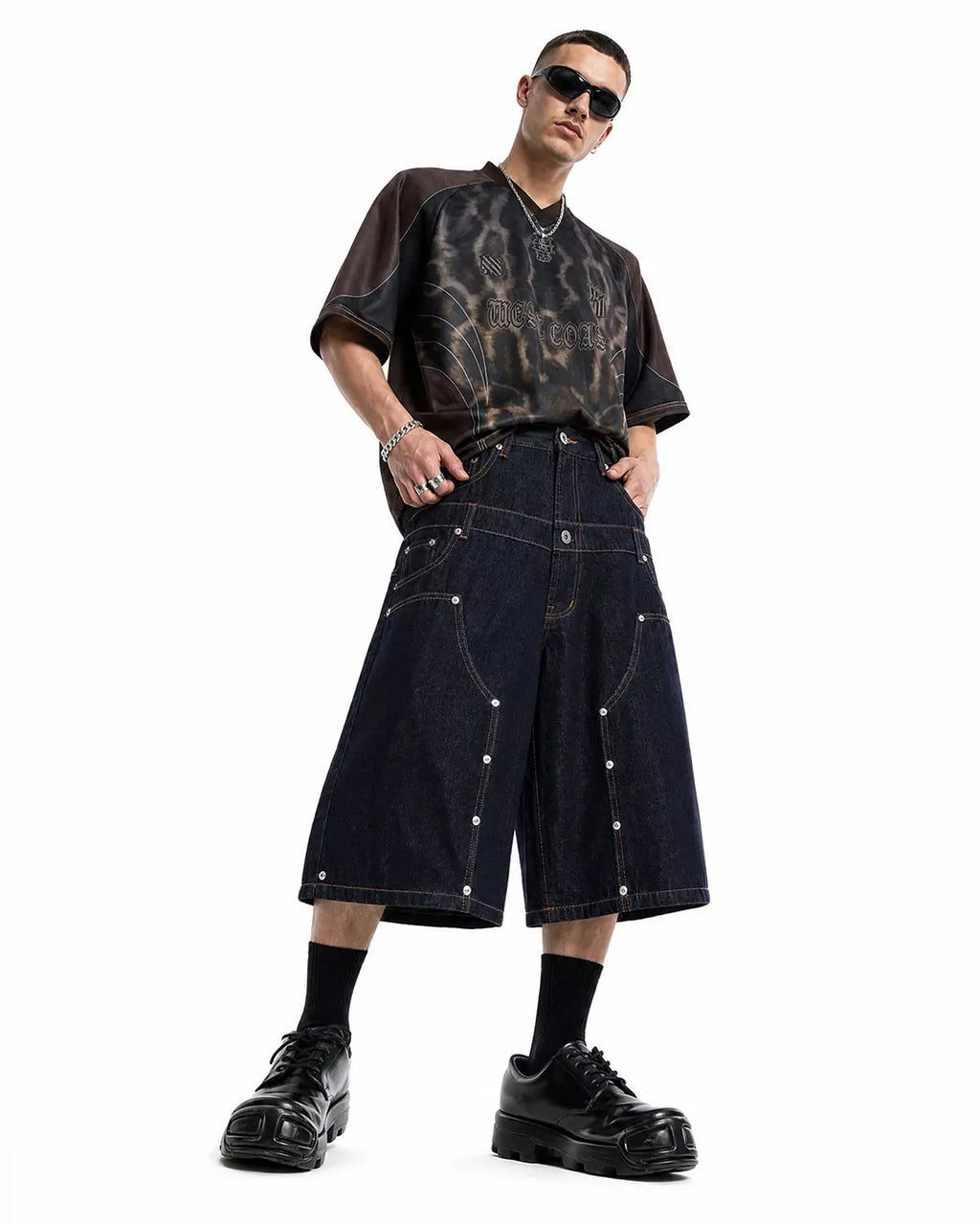 Inflation streetwear double waist rivet baggy jorts, casual denim pants with rivet accents and relaxed fit, front view.