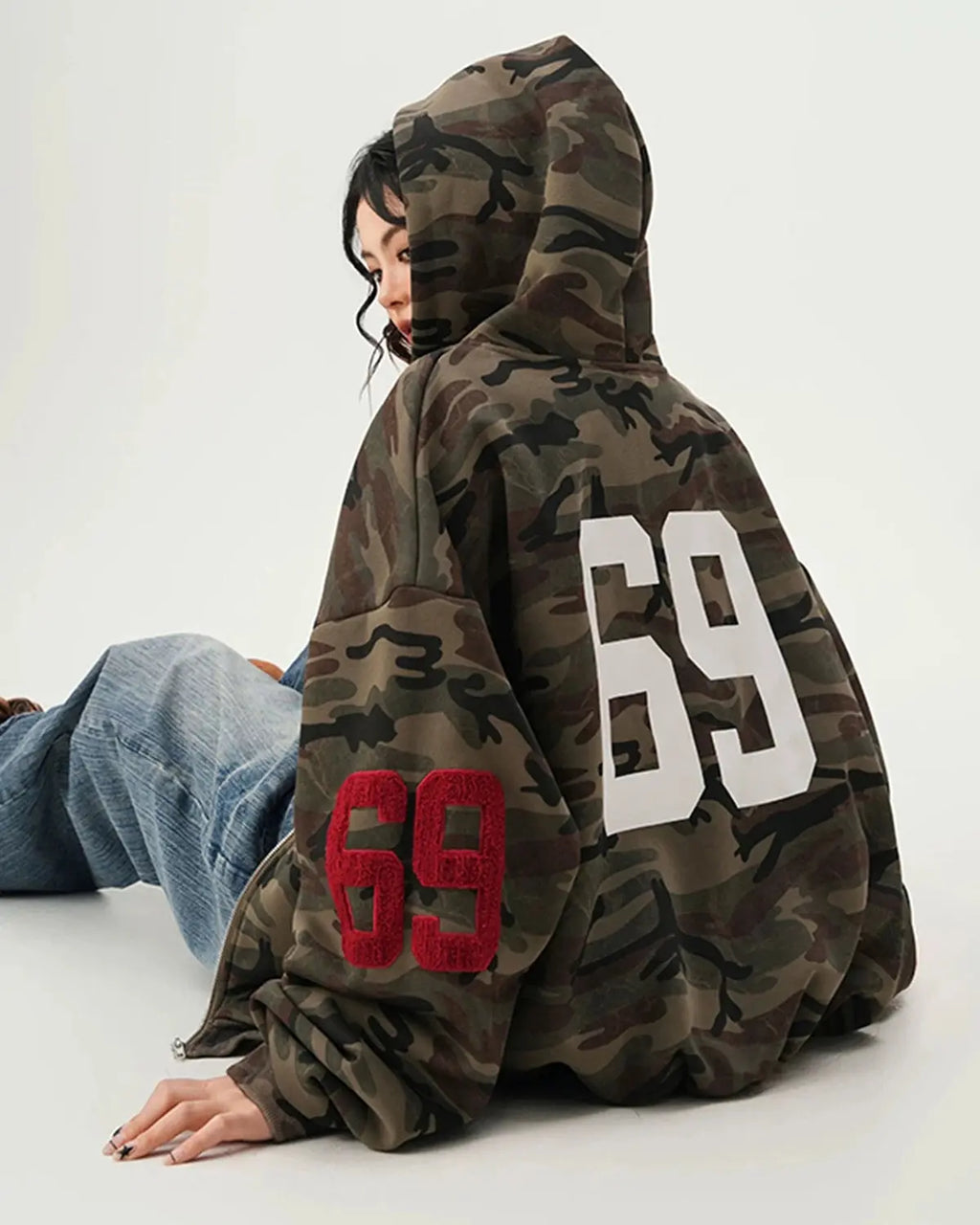 Inflation Streetwear 69 Applique Embroidery Camo Zip Up Hoodie with front embroidery and camouflage fabric details.