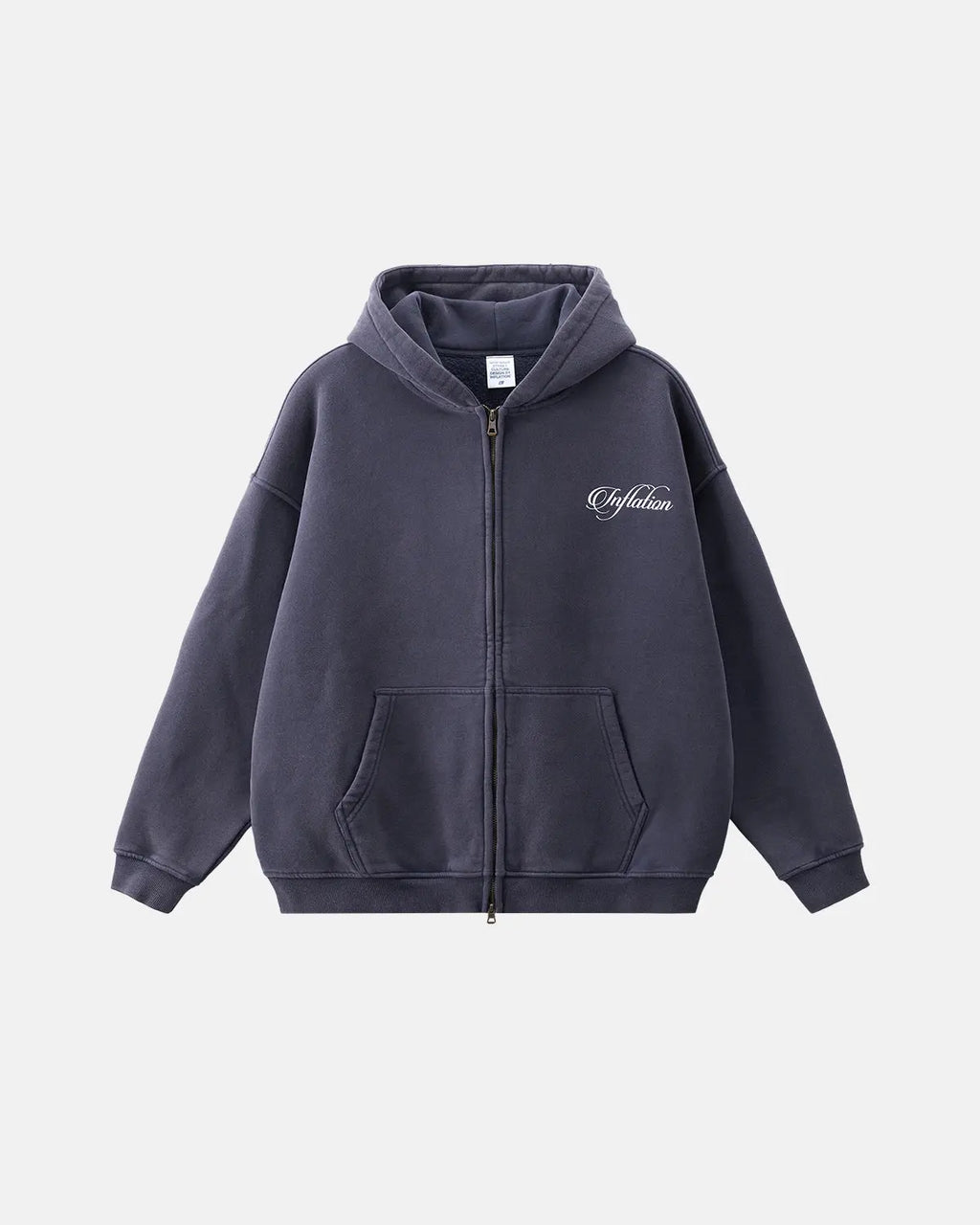 Inflation streetwear shiny rhinestone acid wash hoodie with reflective details and a relaxed fit, displayed on a hanger.