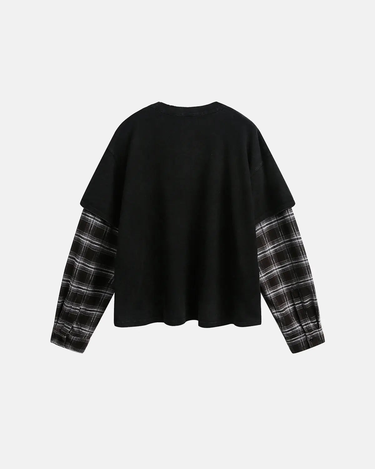 Distressed plaid layered long sleeve tee by INFLATION, featuring a casual streetwear design with a distressed finish and layered style.