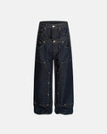 Inflation Streetwear double waist raw baggy jeans with a relaxed fit and distressed detailing, styled on a model.