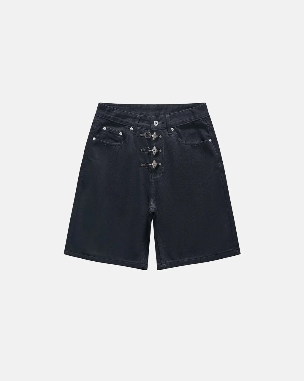 Metal clasp baggy jorts from Inflation Streetwear featuring distressed denim and oversized fit with metal details.