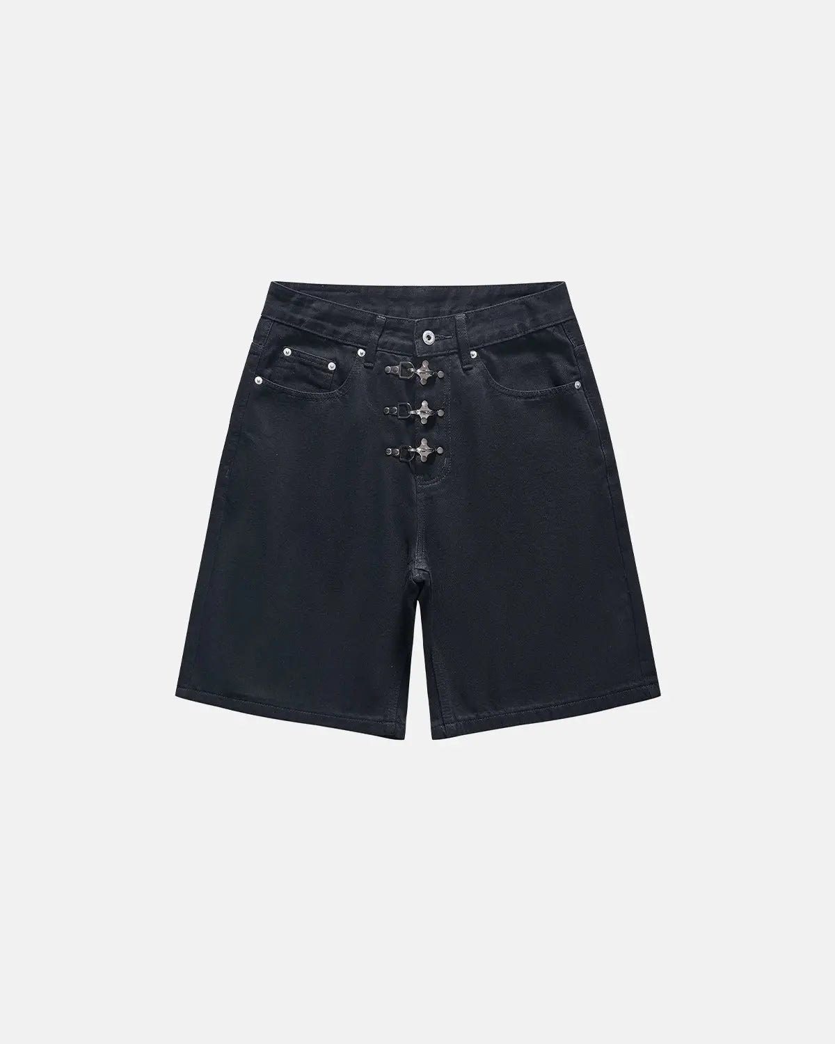 Metal clasp baggy jorts from Inflation Streetwear featuring distressed denim and oversized fit with metal details.