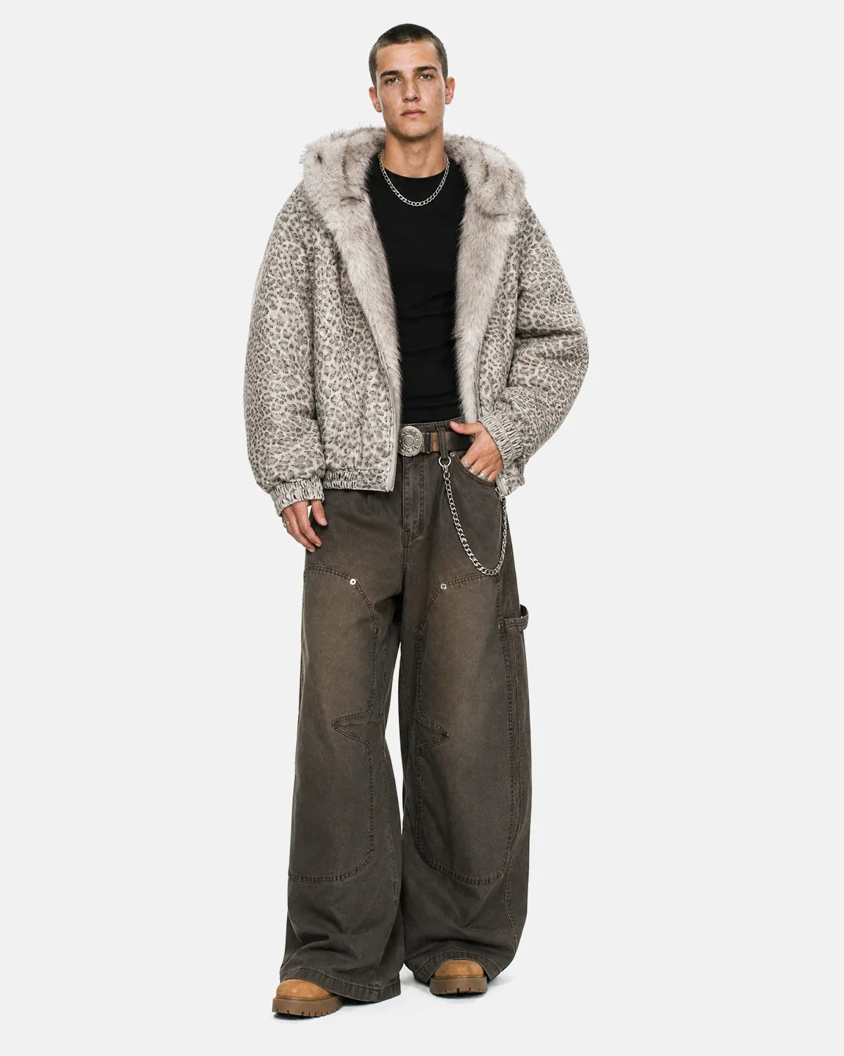 Inflation Leopard Faux Fur Lined Bomber Jacket showing beige leopard print exterior and plush faux fur interior.