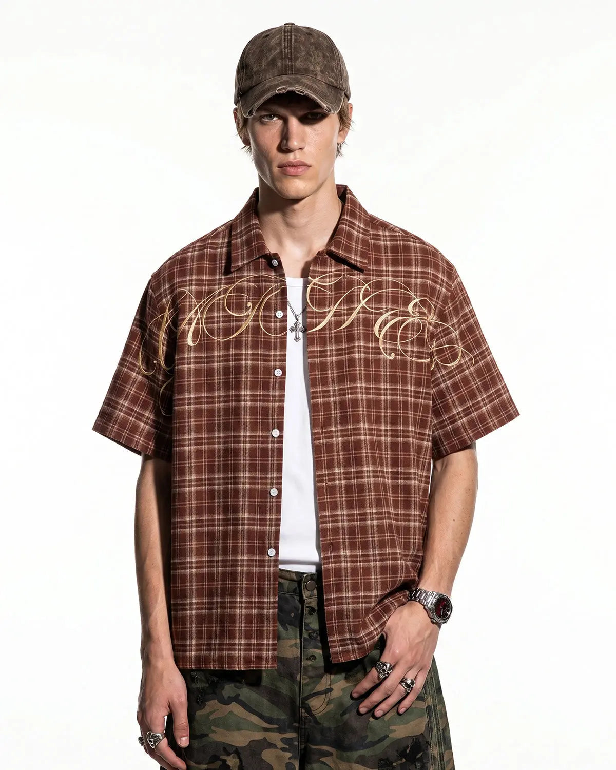 Inflation Streetwear lettering embroidery plaid shirt with bold design, casual long-sleeve shirt for street fashion style.