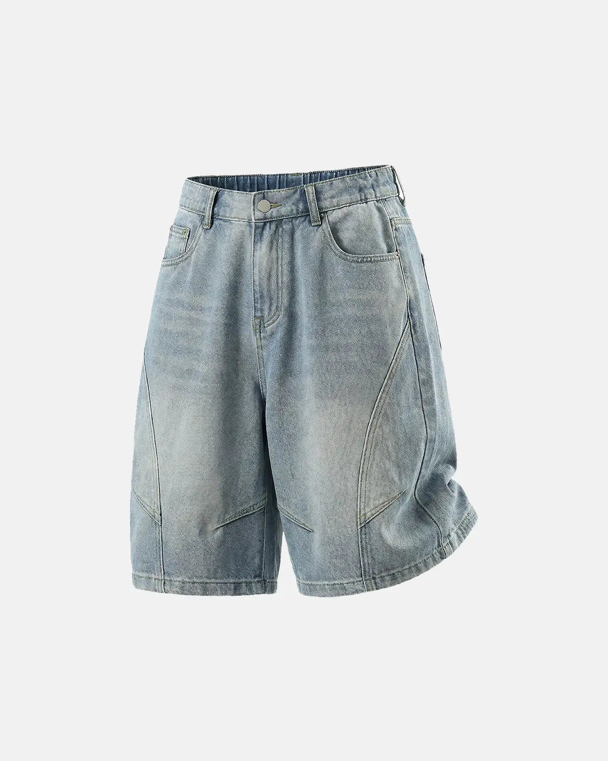 Inflation Streetwear structured washed denim shorts, casual pants with a relaxed fit, showcasing distressed details and classic denim texture.