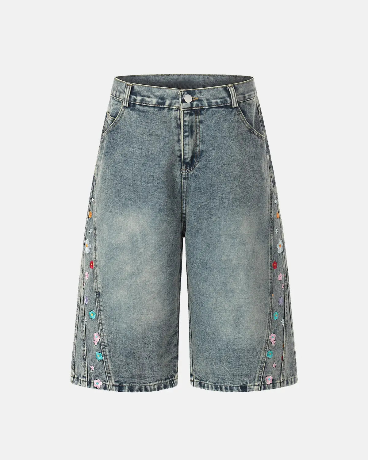 Floral embroidered long baggy jorts by INFLATION, casual streetwear pants with colorful floral embroidery and relaxed fit.