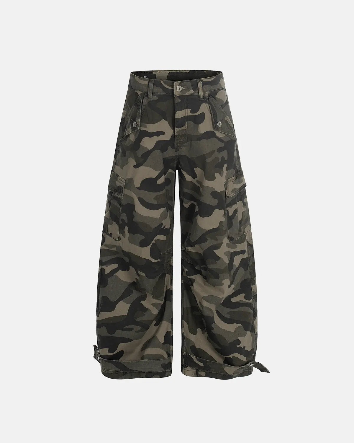 Inflation Multi-pockets Camo Barrel Cargo Pants with multiple utility pockets and camouflage pattern, streetwear style.