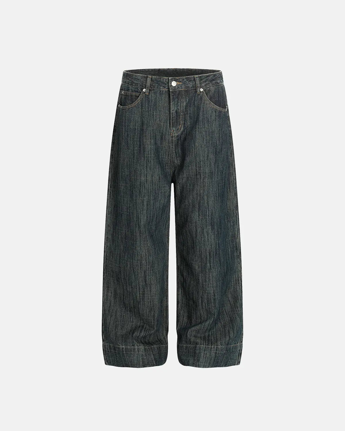 Inflation Streetwear Cinch Back Bamboo Weave Jeans, stylish men's pants with a unique bamboo pattern and adjustable cinch back.