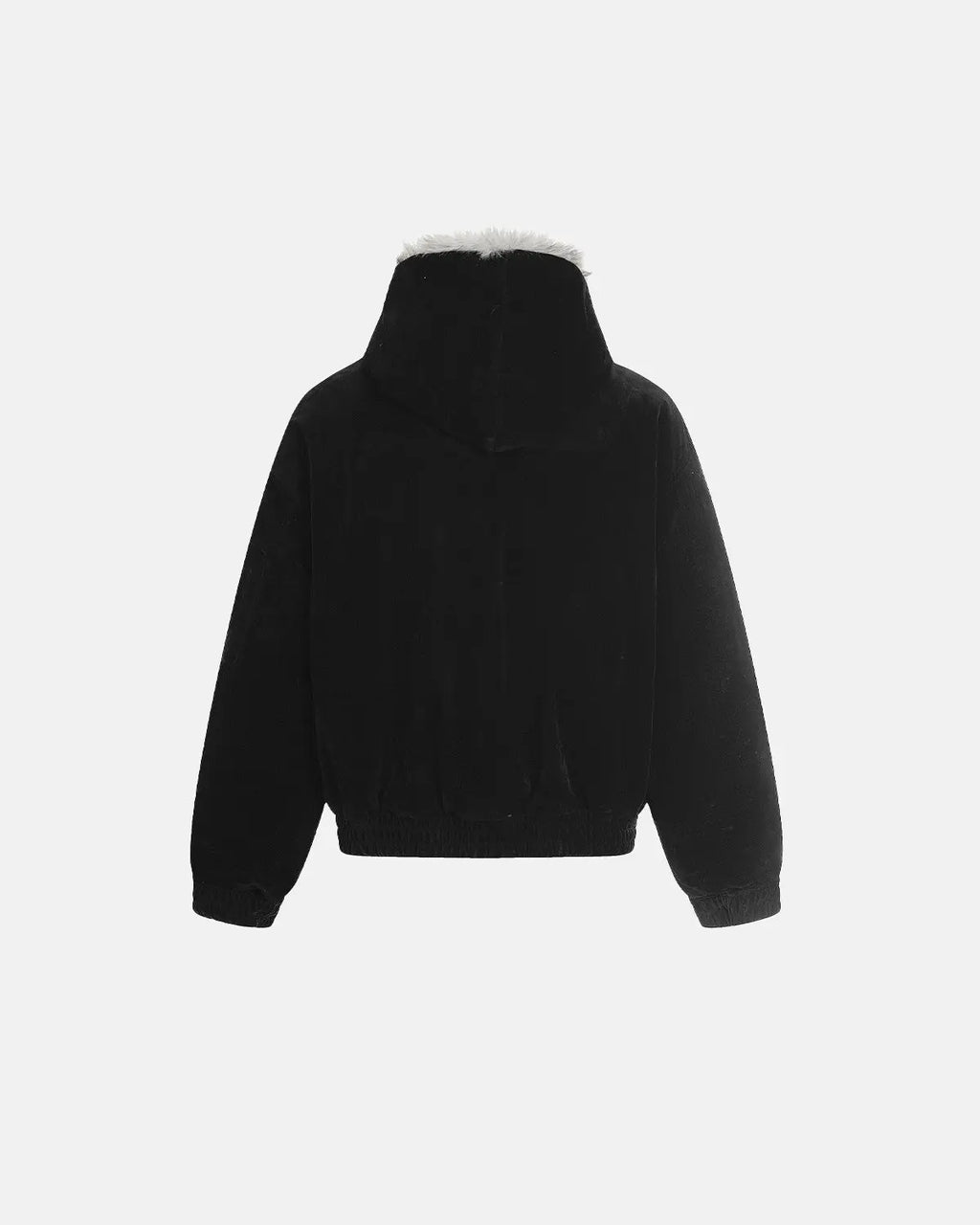 Inflation Streetwear faux fur lined clasp bomber jacket with ribbed cuffs and collar, in black with silver hardware details.