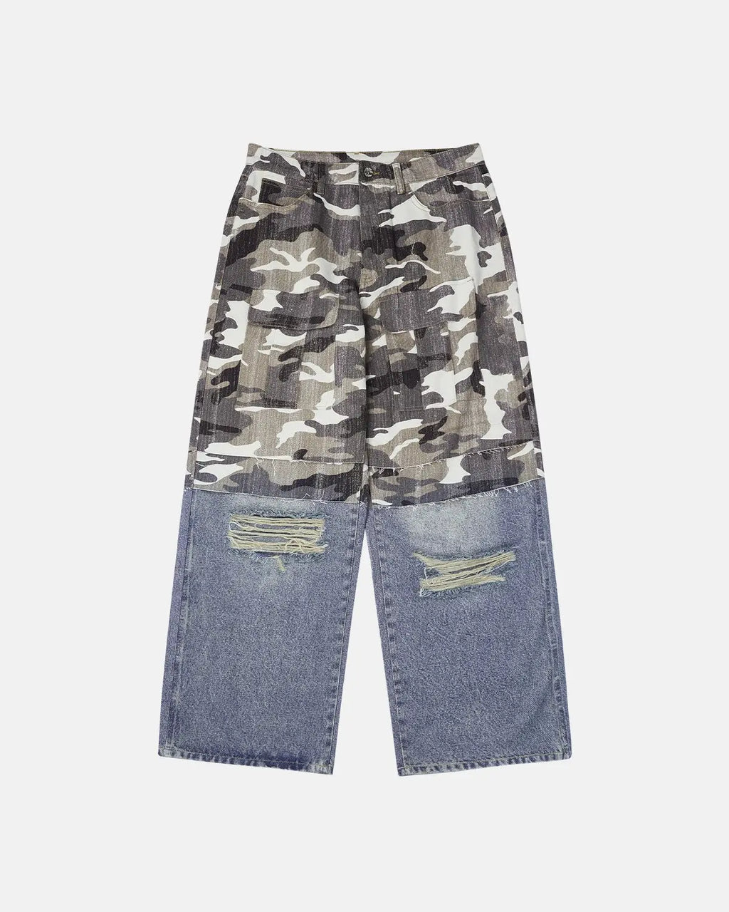 Inflation streetwear patchwork effect print baggy jeans with colorful patchwork design and relaxed fit, displayed on a neutral background.