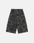 Embroidered camo cargo shorts by INFLATION, featuring multiple pockets, camouflage pattern, and relaxed fit for streetwear style.