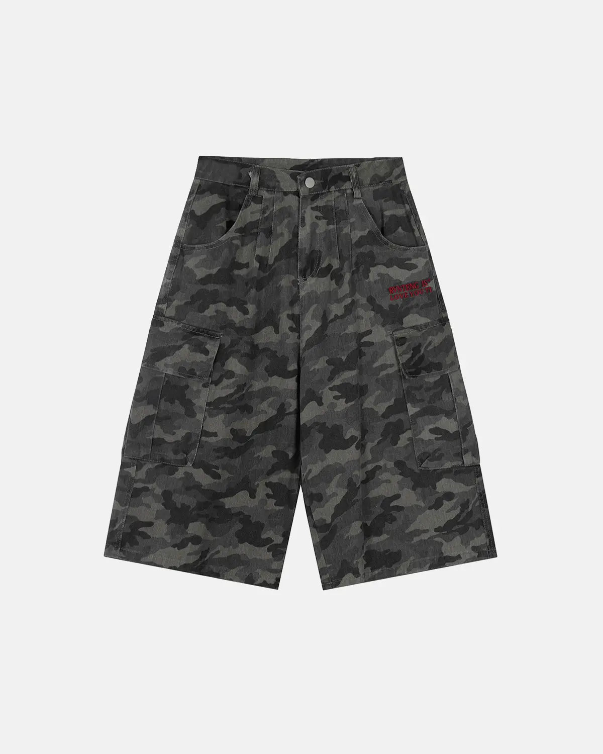 Embroidered camo cargo shorts by INFLATION, featuring multiple pockets, camouflage pattern, and relaxed fit for streetwear style.