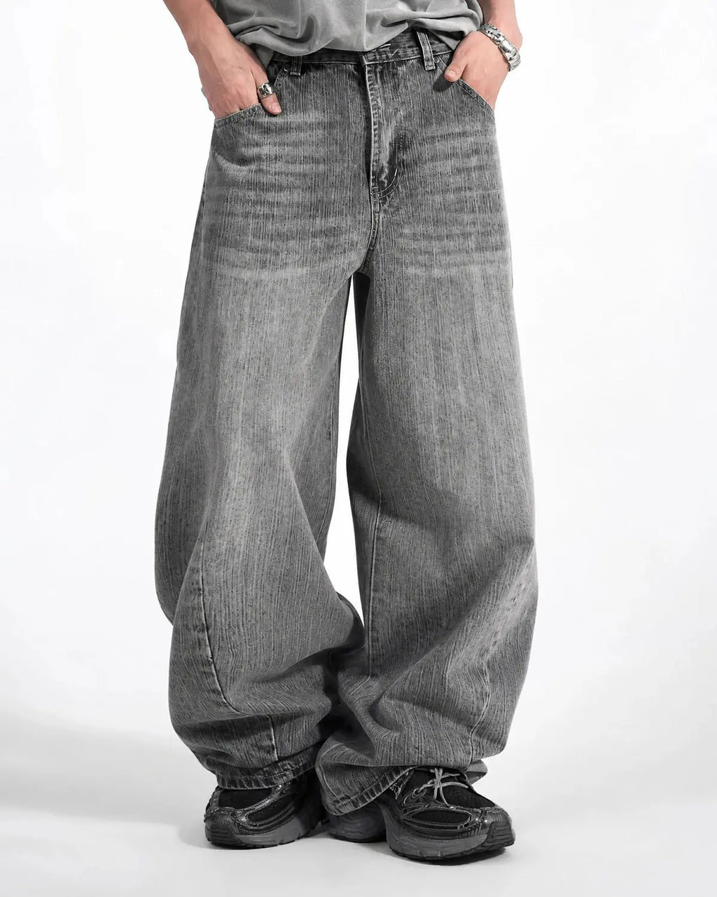 Inflation Streetwear bamboo weave barrel jeans, stylish pants featuring textured bamboo pattern and relaxed fit.