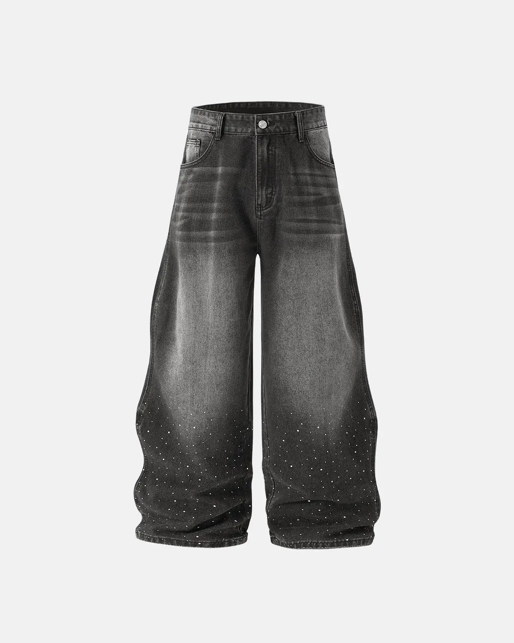 Rhinestone wavy baggy jeans by INFLATION featuring streetwear style and a relaxed fit with rhinestone embellishments.