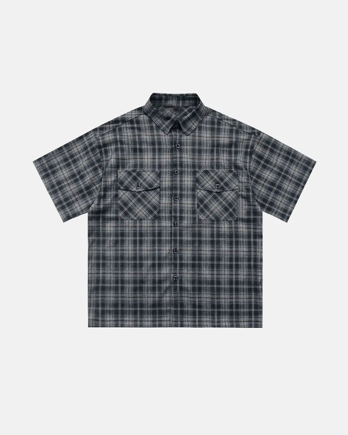 Inflation Streetwear plaid script embroidered shirt featuring a classic plaid pattern and embroidered logo on the front.