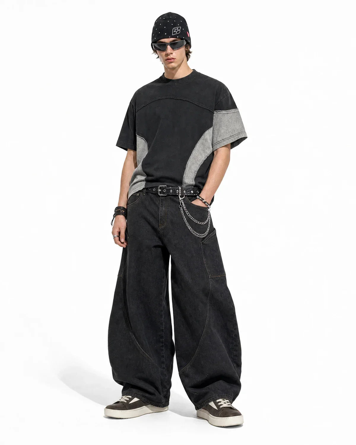 Patchwork washed boxy cropped T-shirt by INFLATION featuring colorful fabric panels and a relaxed streetwear style.